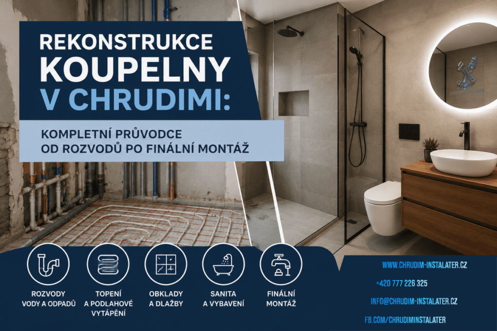 Plánujete rekonstrukce koupelny v Chrudimi? Náš průvodce vás provede cenami pro rok 2026, plánováním rozvodů a finální montáží. Získejte koupelnu bez stresu.